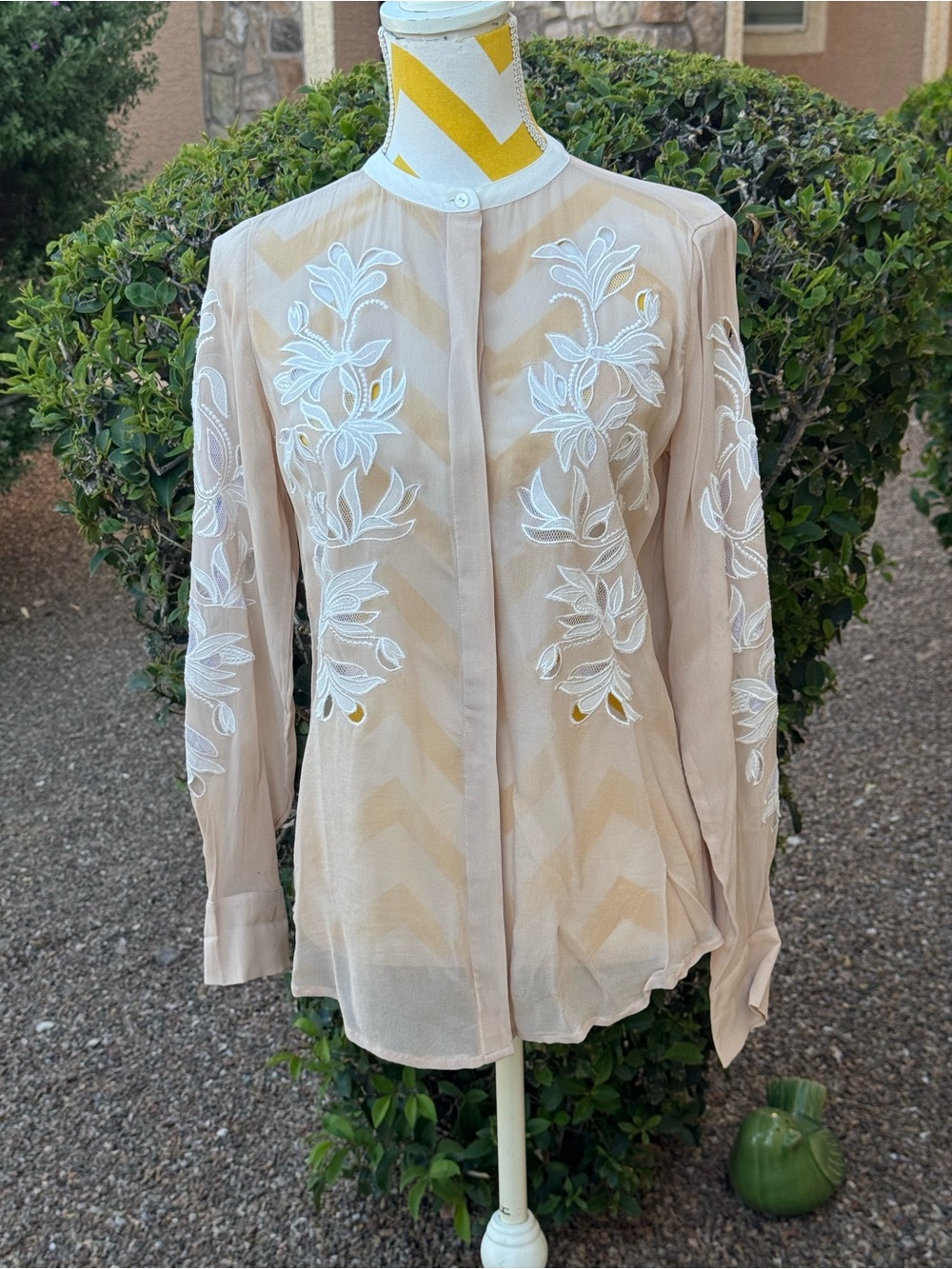 Reiss Sheer Embroidered Floral Button-Up Blouse in Beige